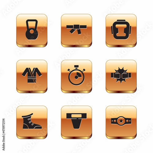 Set Kettlebell, Sport boxing shoes, Groin guard, Stopwatch, Japanese costume Kimono, Boxing helmet, belt and Black karate icon. Vector
