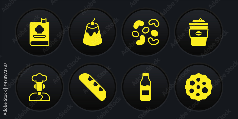 Set Cook, Coffee cup to go, French baguette bread, Bottle with milk, Jelly candy, Pudding custard, Cookie or biscuit and Cookbook icon. Vector Set Cook, Coffee cup to go, French baguette bread, Bottle with milk, Jelly candy, Pudding custard, Cookie or biscuit and Cookbook icon. Vector