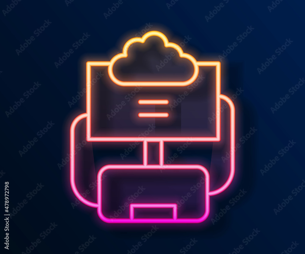Glowing neon line Cloud database icon isolated on black background. Cloud computing concept. Digital service or app with data transferring. Vector Glowing neon line Cloud database icon isolated on black background. Cloud computing concept. Digital service or app with data transferring. Vector