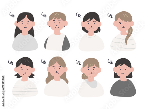 手描き風の女性たちのイラストセット（悩む）