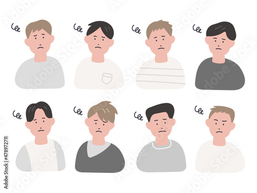 手描き風の男性たちのイラストセット（悩む）