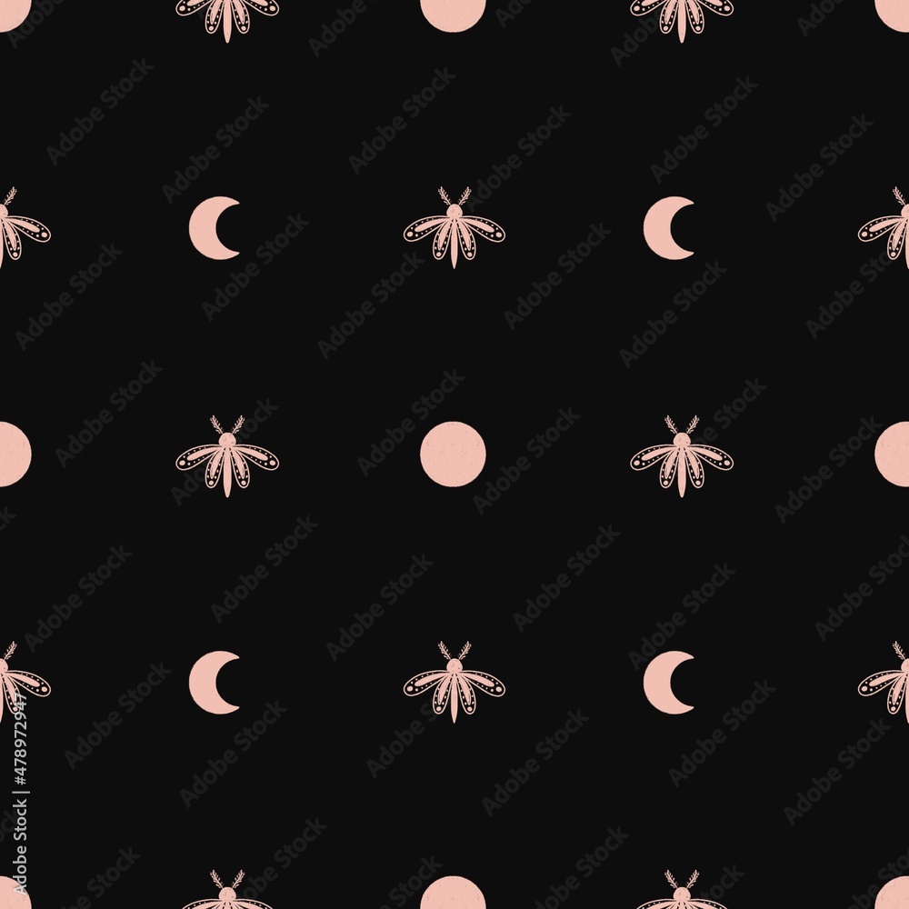 Seamless pattern with night moth and moon isolated on black background. Moths and moon vintage illustration. Night butterfly.