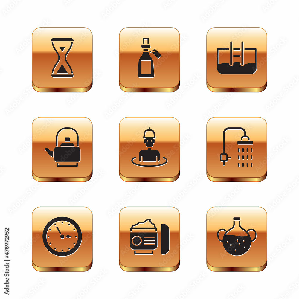 Set Sauna hourglass, clock, Cream or lotion cosmetic tube, Man in the sauna,  Kettle with handle, Swimming pool ladder, Essential oil bottle and icon.  Vector Stock Vector | Adobe Stock