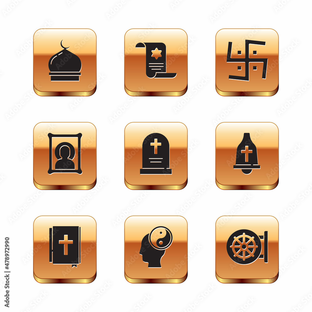 Set Muslim Mosque, Holy bible book, Yin Yang, Tombstone with cross, Christian icon, Hindu swastika, Dharma wheel and Torah scroll icon. Vector Set Muslim Mosque, Holy bible book, Yin Yang, Tombstone with cross, Christian icon, Hindu swastika, Dharma wheel and Torah scroll icon. Vector