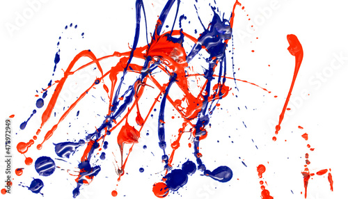 Drops of red and blue paint on a white background.