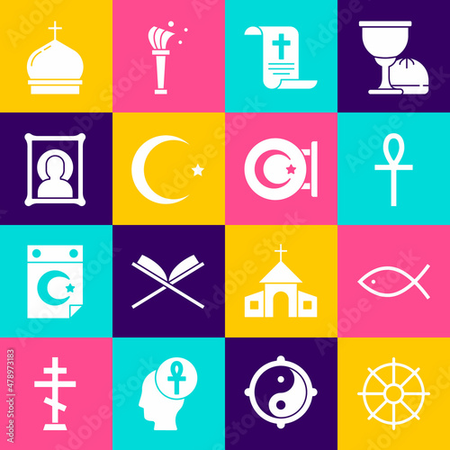 Set Dharma wheel, Christian fish, Cross ankh, Decree, paper, parchment, scroll, Star and crescent, icon, Church tower and icon. Vector