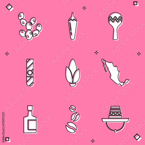Set Cactus, Hot chili pepper pod, Maracas, Cigar, Corn, Map of mexican, Tequila bottle and Coffee beans icon. Vector