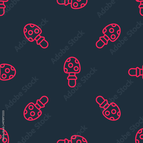 Red line Amanita muscaria or fly agaric hallucinogenic toadstool mushroom icon isolated seamless pattern on black background. Spotted poisonous mushroom. Vector