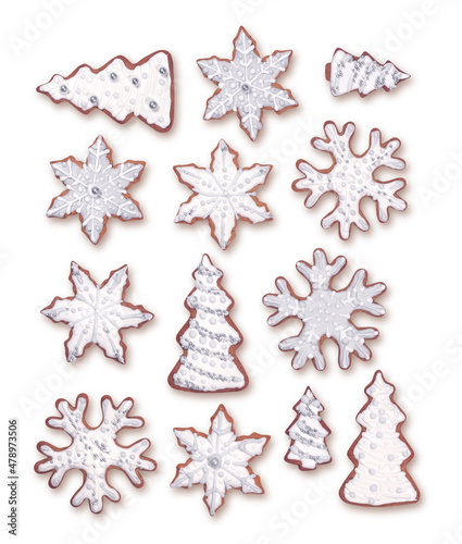 Homemade Christmas gingerbreads set with beautiful icing decoration