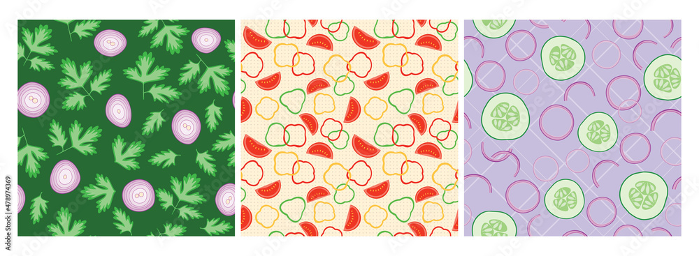onion, tomato, bell peppers, cucumbers and parsley. Vector seamless patterns. For kitchen textile, cover, fabric, wallpaper, wrapping paper onion, tomato, bell peppers, cucumbers and parsley. Vector seamless patterns. For kitchen textile, cover, fabric, wallpaper, wrapping paper