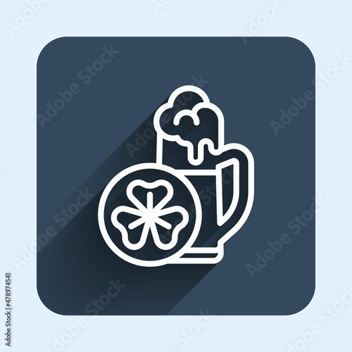 White line Glass of beer icon isolated with long shadow background. Happy Saint Patricks day. National Irish holiday. Blue square button. Vector