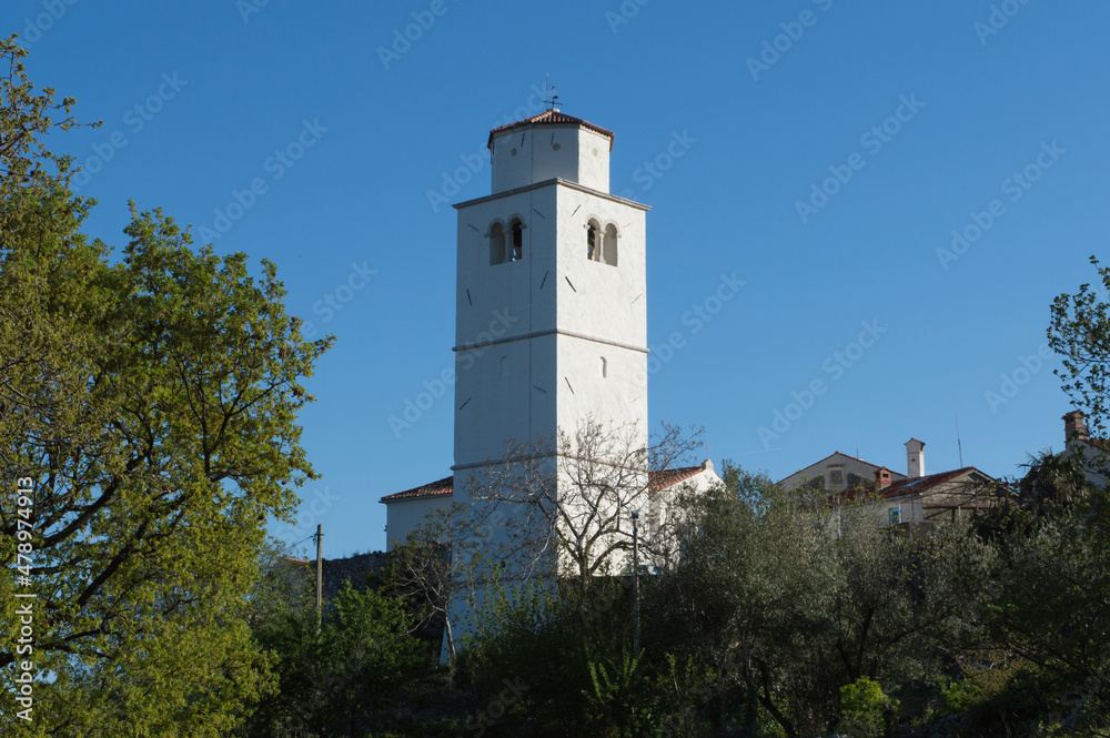 Brseč, small village in western Croatia, bell tower from church of St Juraj