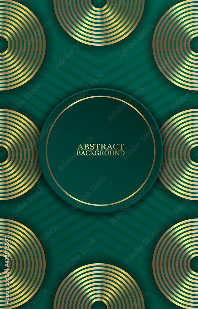 Abstract illustration of a green background. Round shapes of green and gold colors on a green background.
