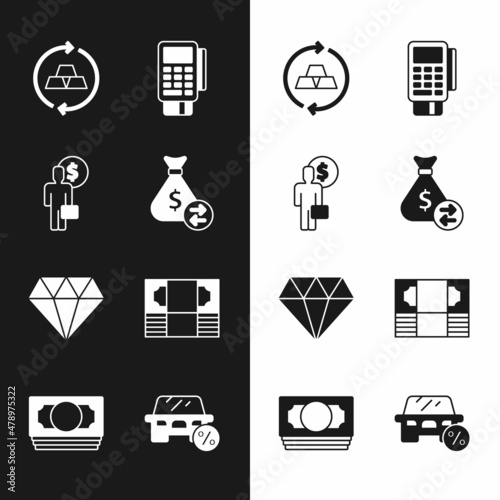 Set Money bag, Business man planning mind, Gold bars, POS terminal with credit card, Diamond, Stacks paper money cash, Car leasing percent and icon. Vector
