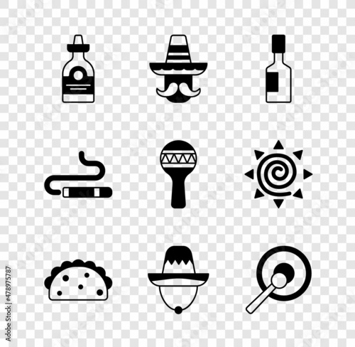 Set Tequila bottle, Mexican man sombrero, Tabasco sauce, Taco with tortilla, Gong, Cigar and Maracas icon. Vector