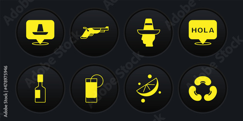 Set Tabasco sauce, Hola, Tequila glass with lemon, Sliced lime, Mexican man sombrero, Vintage pistols, Beans and icon. Vector