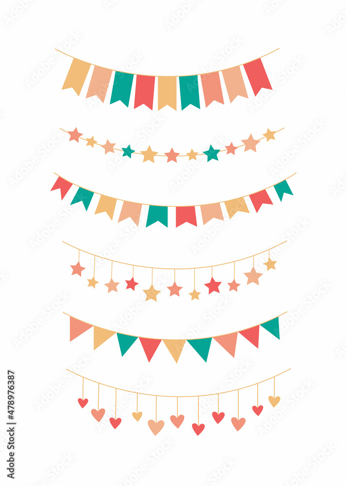 Fototapeta premium Colorful bright flag garland set flat style vector illustration. Triangle shape festoon banners, stars and hearts hanging decorations. Party decor elements, happy birthday anniversary celebration.