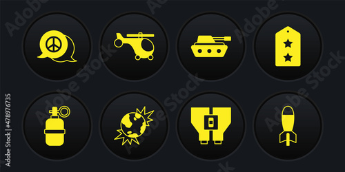 Set Hand grenade, Military rank, Bomb explosive planet earth, Binoculars, tank, Helicopter, Rocket launcher and Peace icon. Vector