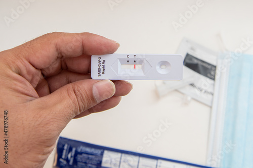 Corona Antigen Rapid Test kit and masks on white background