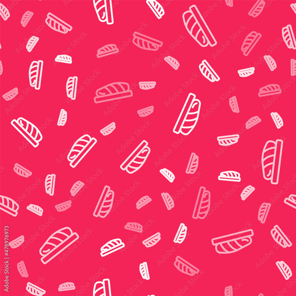 White line Fish steak icon isolated seamless pattern on red background. Vector White line Fish steak icon isolated seamless pattern on red background. Vector