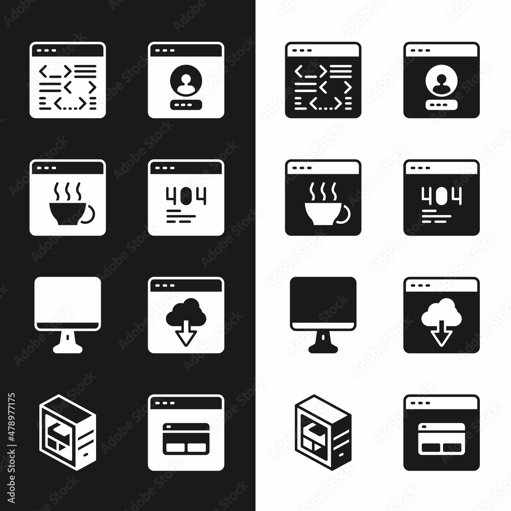 Set Page with a 404 error, Software, Create account screen, Computer monitor, Cloud technology data transfer, Search engine and icon. Vector Set Page with a 404 error, Software, Create account screen, Computer monitor, Cloud technology data transfer, Search engine and icon. Vector