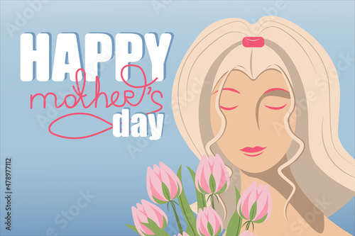 Greeting card for mother's day. Vector illustration, postcards with a girl and flowers in hands, women's holiday
