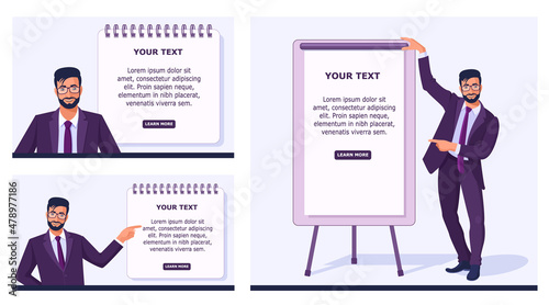 A man Indian businessman in a suit points with his hand to an empty space to insert text. A man against the background of a sheet from a notebook and a board for presentations. Set of illustrations.
