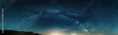 Amazing Panoramic Landscape view of Milky way over Night sky