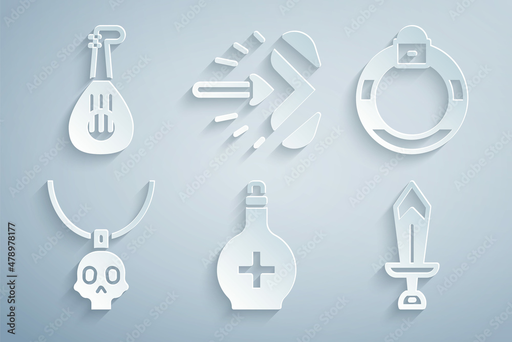 Set Bottle with potion, Magic stone ring, Necklace amulet, Sword for game, arrow and Lute icon. Vector Set Bottle with potion, Magic stone ring, Necklace amulet, Sword for game, arrow and Lute icon. Vector