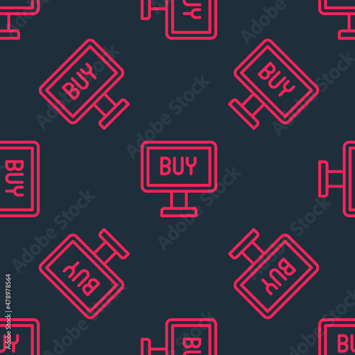 Red line Buy button icon isolated seamless pattern on black background. Vector