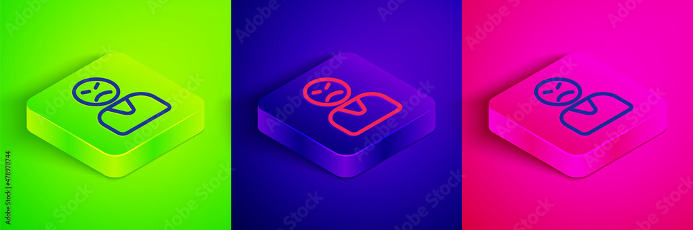 Isometric line Angry customer icon isolated on green, blue and pink background. Square button. Vector Isometric line Angry customer icon isolated on green, blue and pink background. Square button. Vector