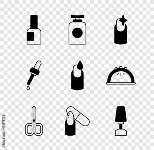 Set Bottle of nail polish, Tube hand cream, Nail manicure, scissors, file, Milling cutter for, Pipette with oil and Manicure icon. Vector