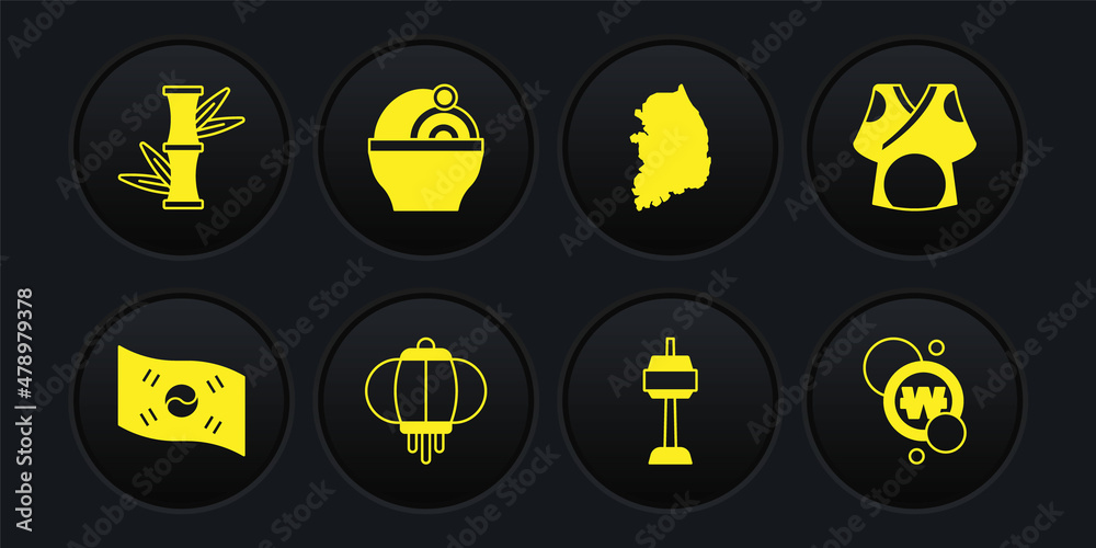Set South Korea flag, Kimono, Korean lantern, N Seoul tower in, map, Ramen, won coin and Bamboo icon. Vector Set South Korea flag, Kimono, Korean lantern, N Seoul tower in, map, Ramen, won coin and Bamboo icon. Vector