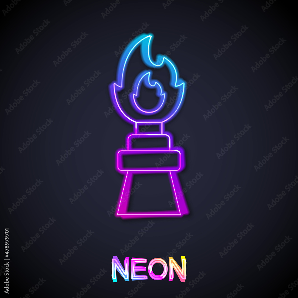 Glowing neon line Oil rig with fire icon isolated on black background. Fire accident. Gas tower. Industrial object. Vector Glowing neon line Oil rig with fire icon isolated on black background. Fire accident. Gas tower. Industrial object. Vector