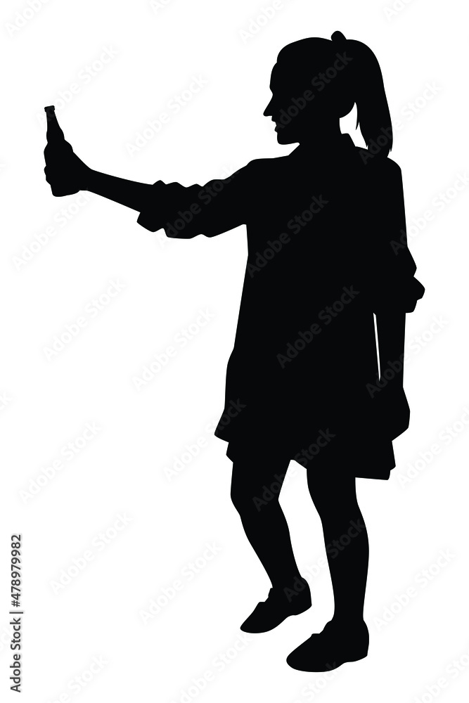 Drunk woman with beer glass in hand silhouette , party people vector.