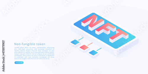 Non fungible token concept in isometric vector illustration. Digital crypto art blockchain technology. Vector illustration.