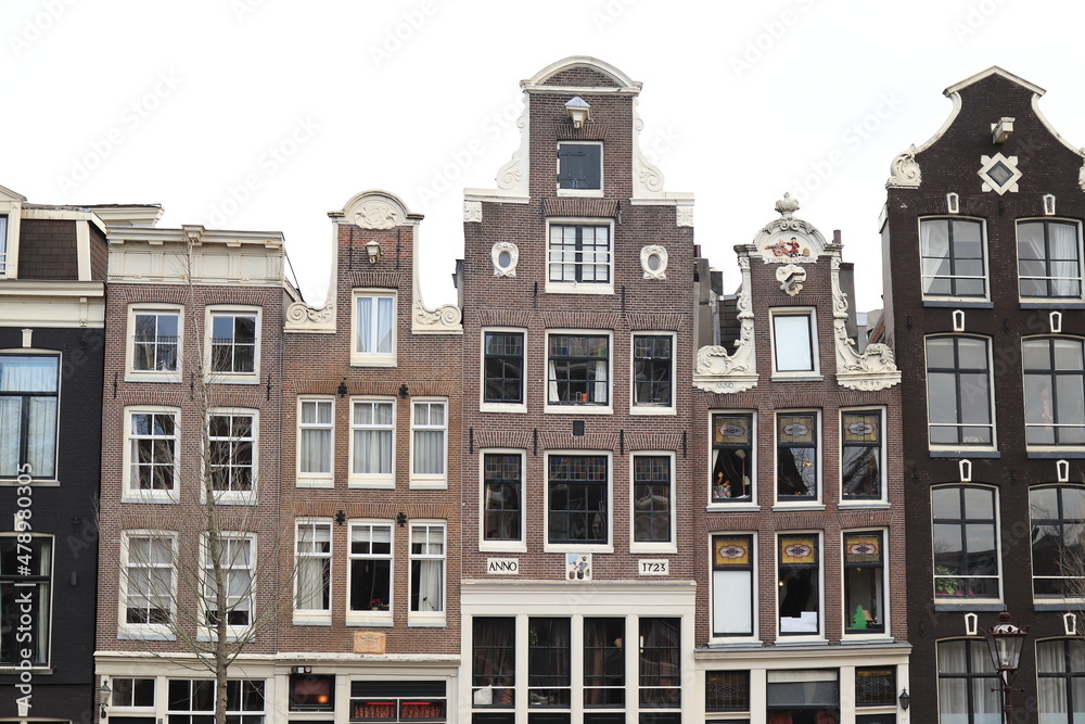 Amsterdam Singel Canal Historic House Facades with Neck Gables, Netherlands