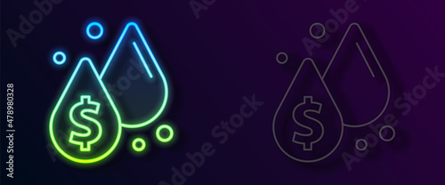 Glowing neon line Oil drop with dollar symbol icon isolated on black background. Oil price. Oil and petroleum industry. Vector