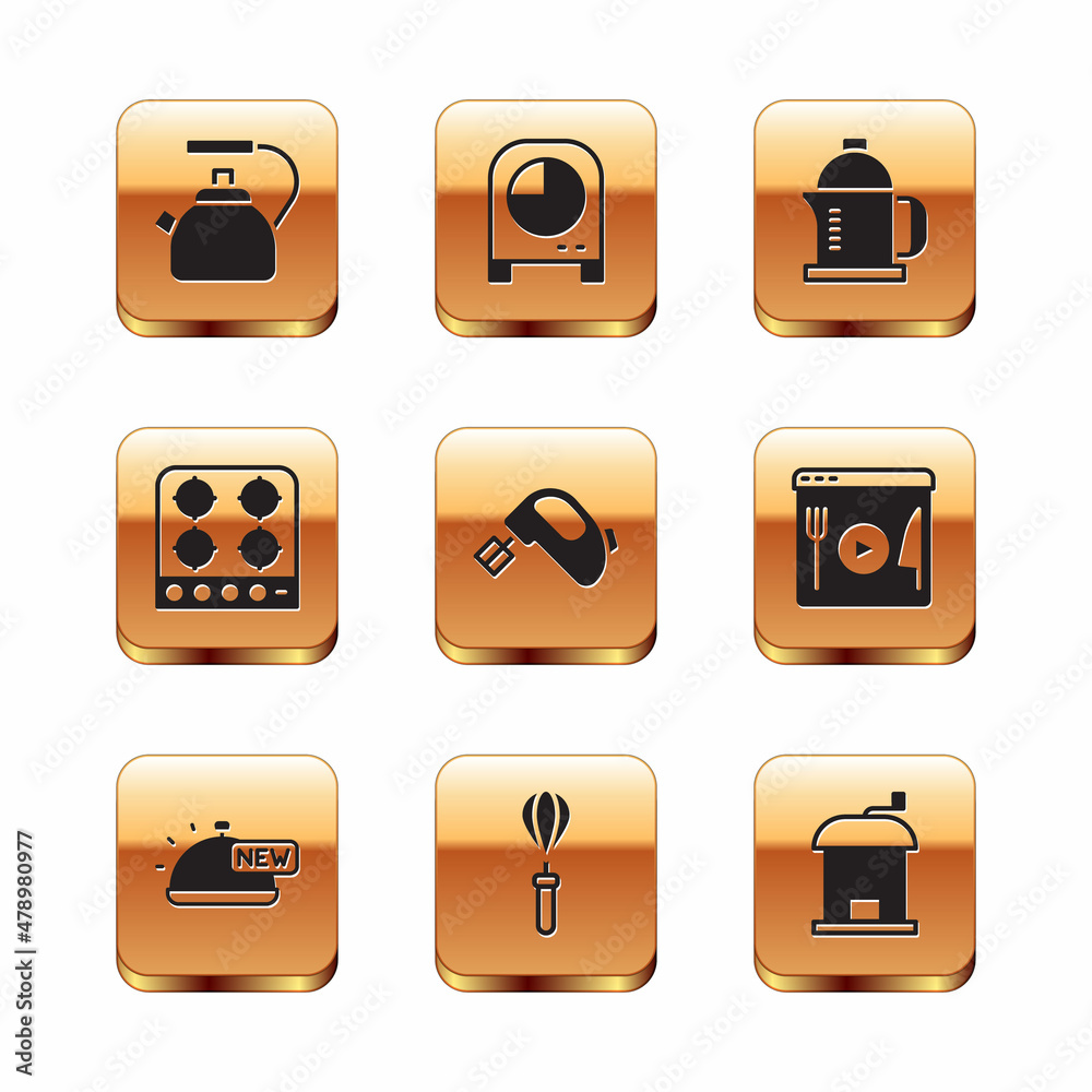 Set Kettle with handle, Covered tray of food, Kitchen whisk, Electric mixer, Gas stove, French press, Manual coffee grinder and timer icon. Vector Set Kettle with handle, Covered tray of food, Kitchen whisk, Electric mixer, Gas stove, French press, Manual coffee grinder and timer icon. Vector