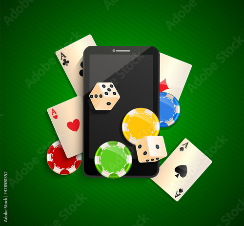 Poker online via mobile devices. Online Casino in smartphone. Web landing page template for internet game. Advertising banner with phone, poker cards, playing dice, chips. Gambling app. Vector