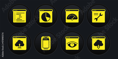 Set Cloud upload, Browser setting, Mobile phone, incognito window, Digital speed meter, Graph chart infographic, download and icon. Vector