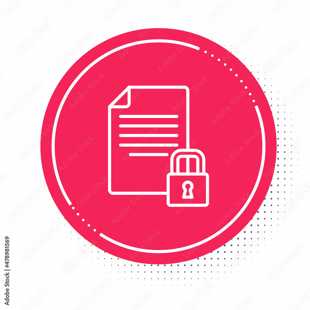 White line Document and lock icon isolated on white background. File format and padlock. Security, safety, protection concept. Red circle button. Vector White line Document and lock icon isolated on white background. File format and padlock. Security, safety, protection concept. Red circle button. Vector