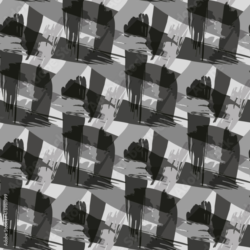 Basket weave vector seamless pattern background. Loose organic painterly brush stroke blend backdrop. Monochrome faux watercolor rough rattan fabric style. Irregular crinkle cloth texture print