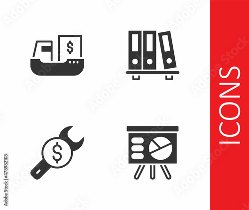 Set Board with graph, Cargo ship boxes delivery, Repair price and Office folders icon. Vector
