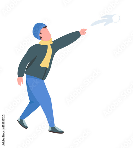 Man throwing snowball semi flat color vector character. Playful figure. Full body person on white. Winter activity isolated modern cartoon style illustration for graphic design and animation