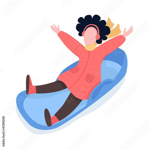 Girl having fun on sleigh semi flat color vector character. Sliding figure. Full body person on white. Winter activity isolated modern cartoon style illustration for graphic design and animation