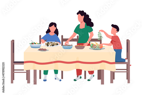 Family preparing feast semi flat color vector characters. Interacting figures. People on white. Serving food on table isolated modern cartoon style illustration for graphic design and animation