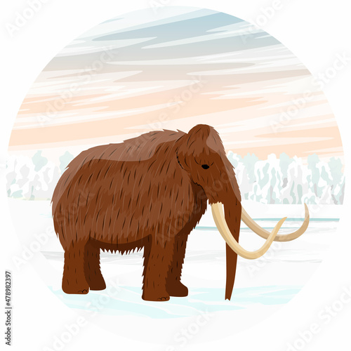 Round composition. Mammoth walks along the ice valley. Prehistoric animals. Ice Age. Extinct animals of Siberia, Eurasia and North America. Realistic Vector Landscape