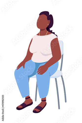 Woman sitting calmly semi flat color vector character. Sitting figure. Full body person on white. Resting isolated modern cartoon style illustration for graphic design and animation