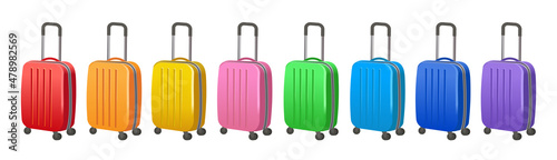 Set of multicolored suitcases on white background
